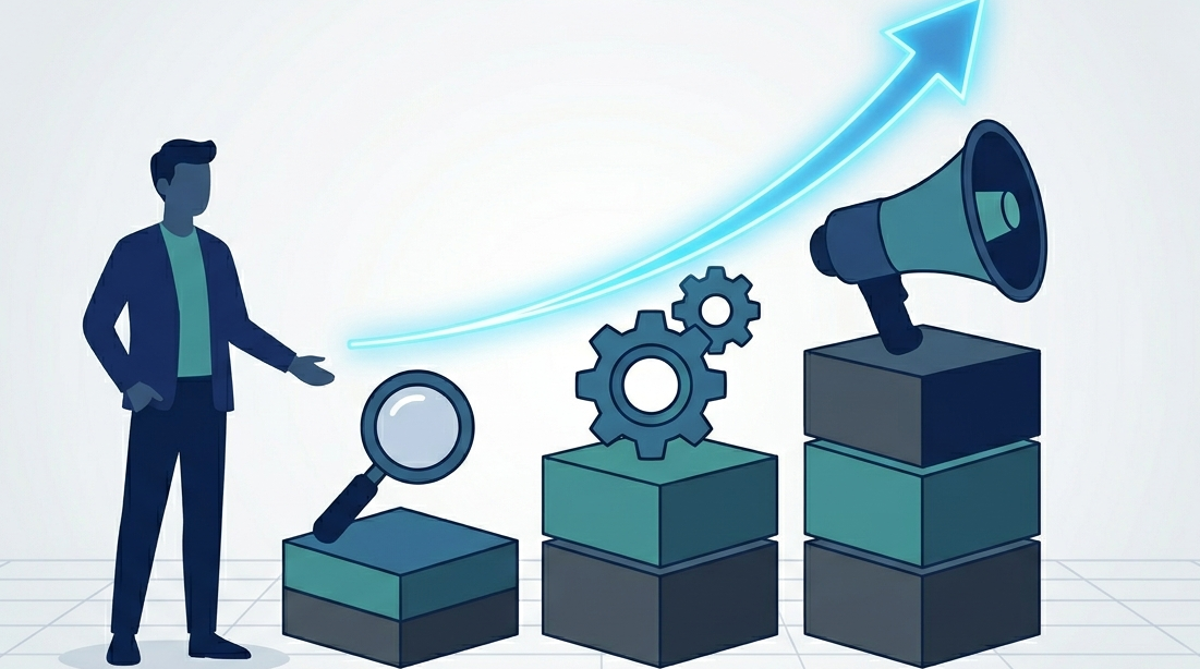 Strategy for scaling performance benchmarks for Telegram ads featuring analysis, optimization, and growth icons.