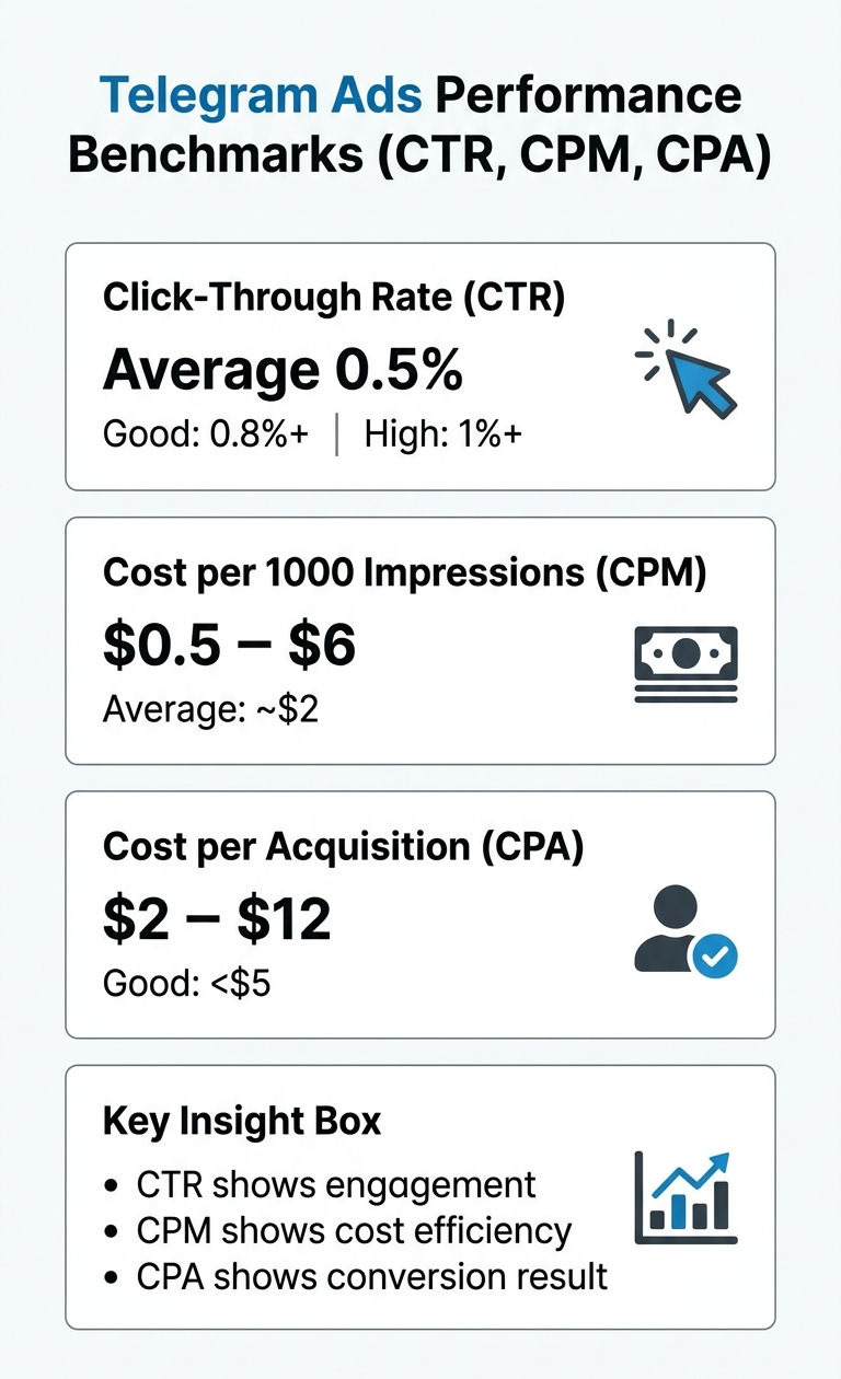 Infographic displaying key performance benchmarks for Telegram ads including CTR, scaling, and engagement data.