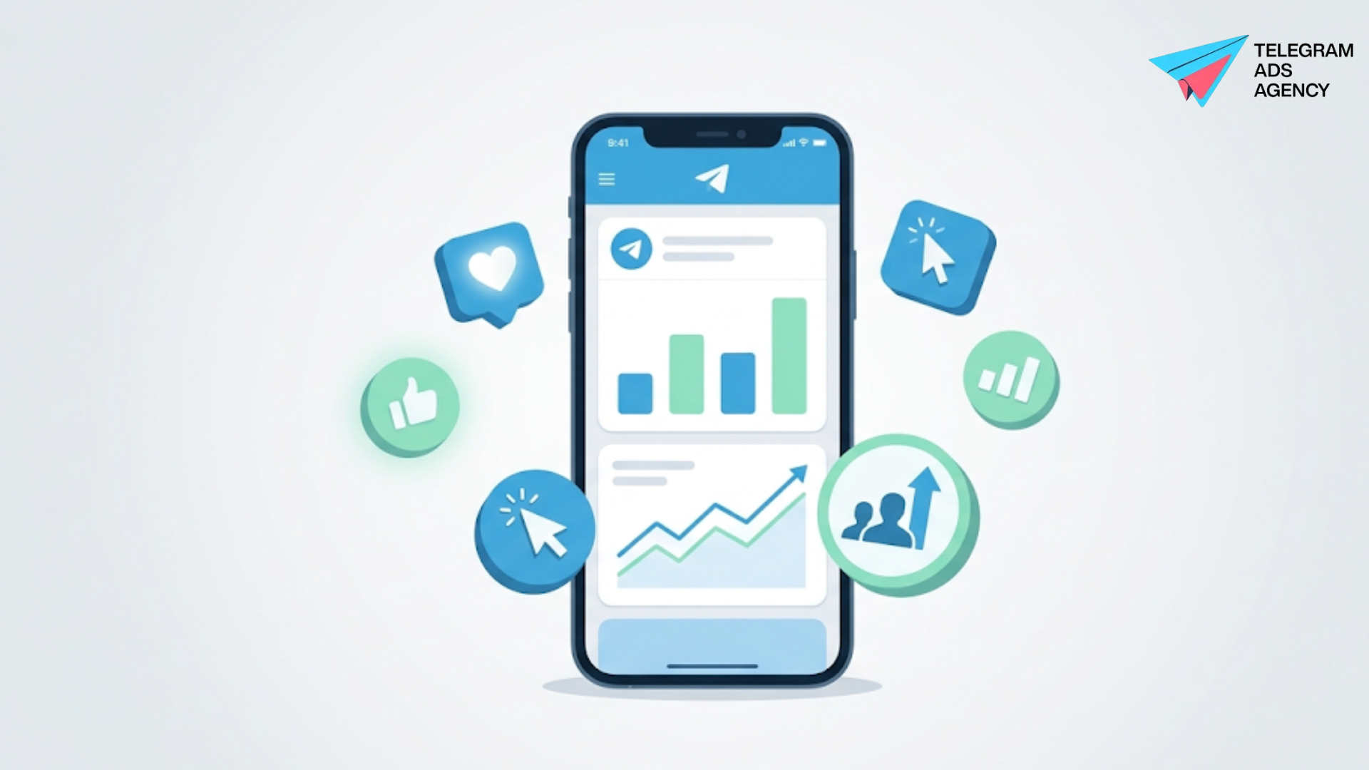 Performance benchmarks for Telegram ads showing a smartphone with growth charts and engagement icons
