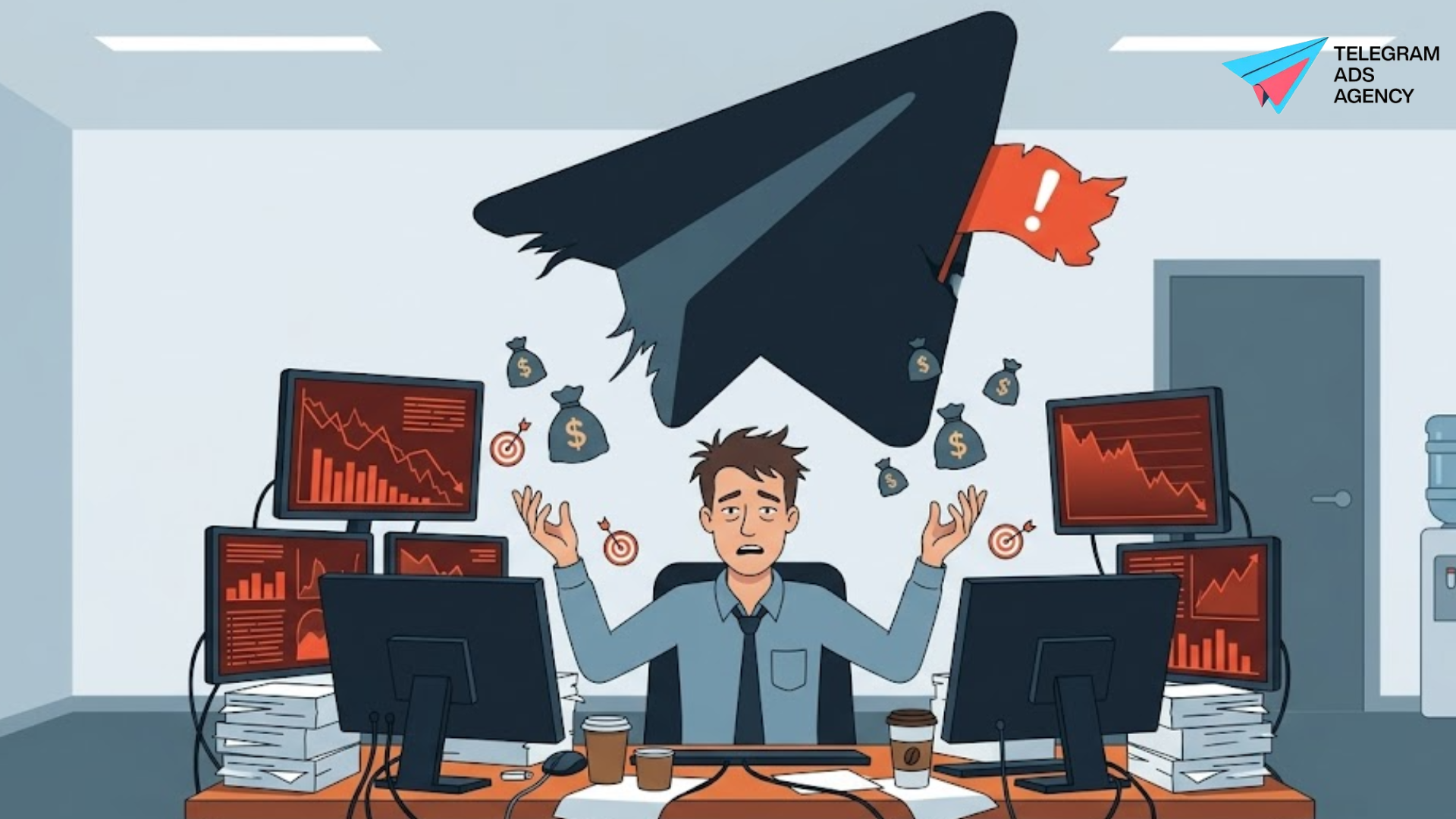 Illustration showing the risks of managing Telegram ads alone with a stressed user versus an agency'