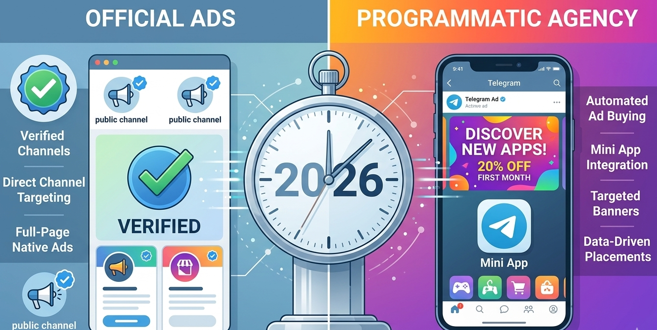 Split-screen 2026 vector comparing official Telegram ads and programmatic agency results for mobile mini apps.