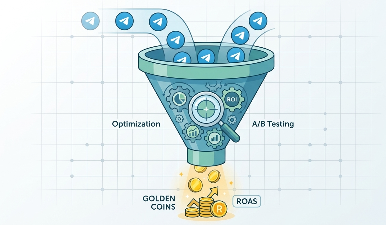 Funnel illustration of Telegram ad agency optimization and A/B testing leading to high ROAS and performance results.