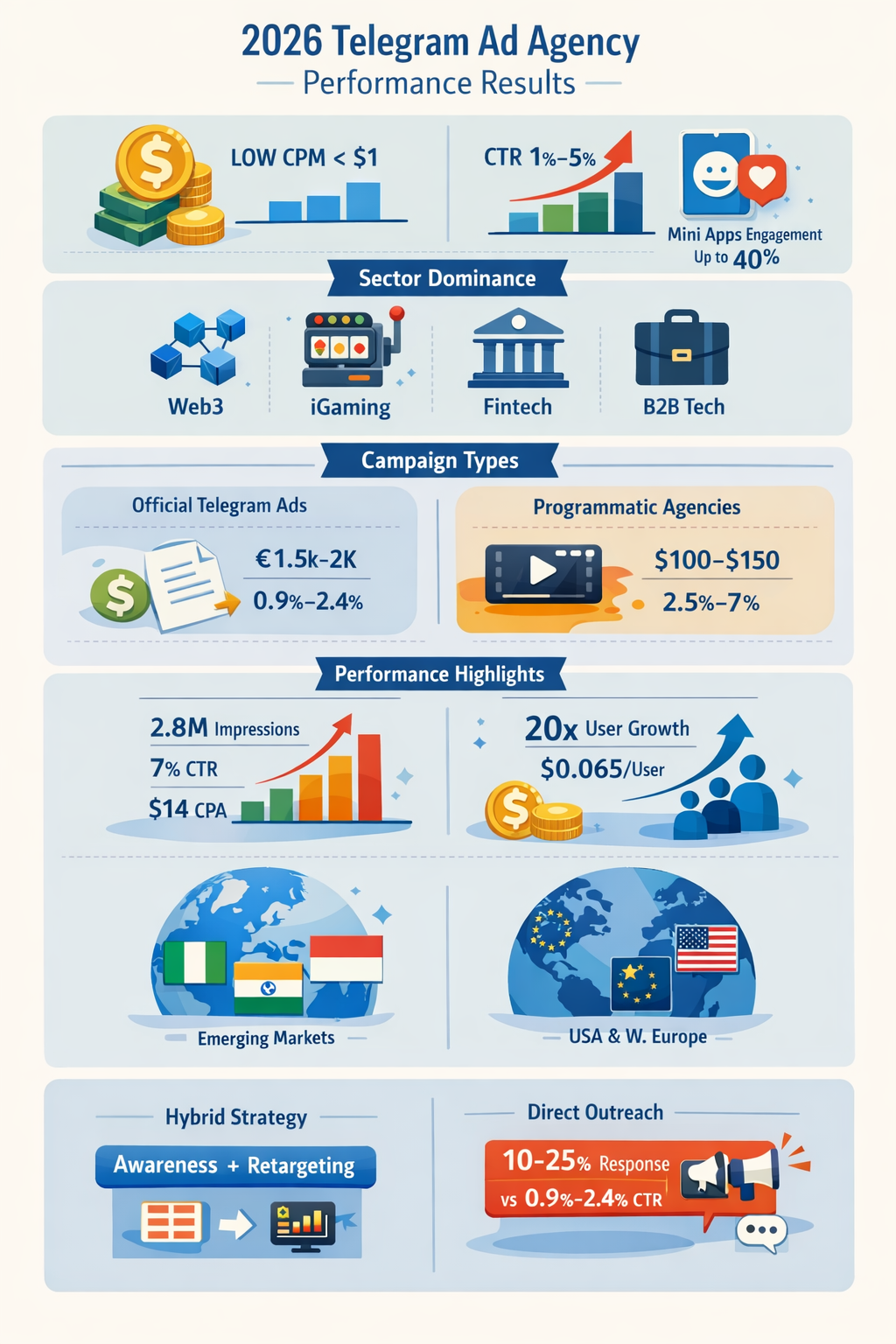 Modern dashboard displaying Telegram ad agency performance results, featuring 3D growth charts and ROI metrics.