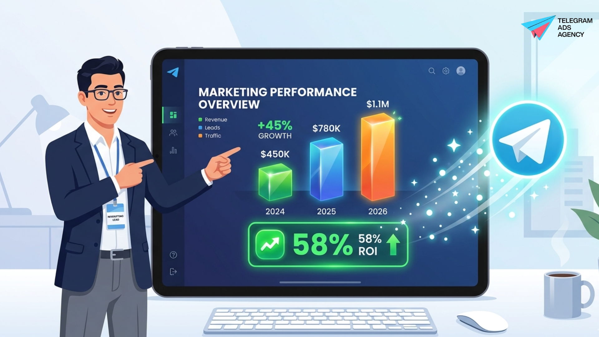Marketing specialist showing rising ROI and performance results from a Telegram ad agency campaign o