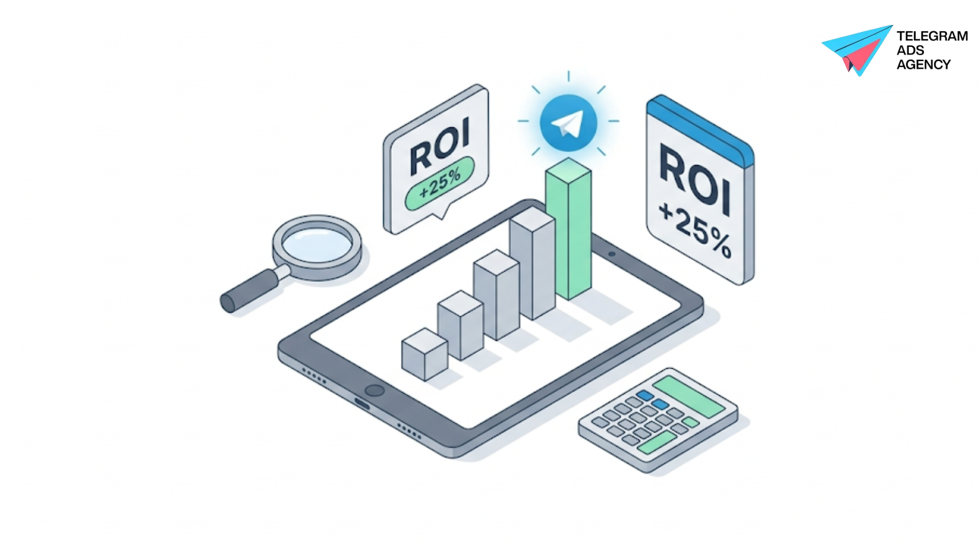  Vector desk showing Telegram ad campaign return analysis with rising bar charts and ROI data.