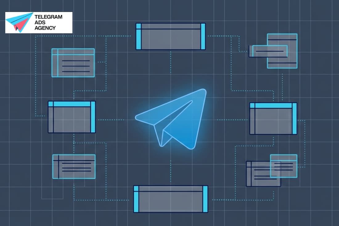 Telegram icon connected to channel content blocks illustrating telegram ad campaign structure explai