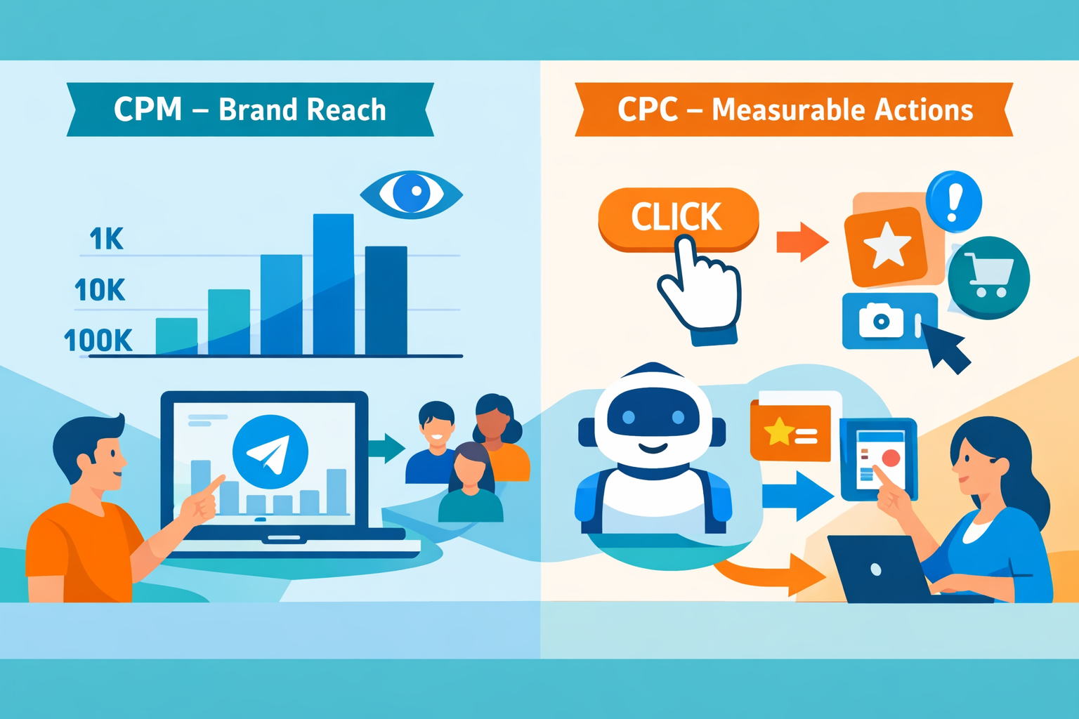 Quick infographic overview of Telegram ad pricing models, highlighting CPM, CPC, and operational risks.