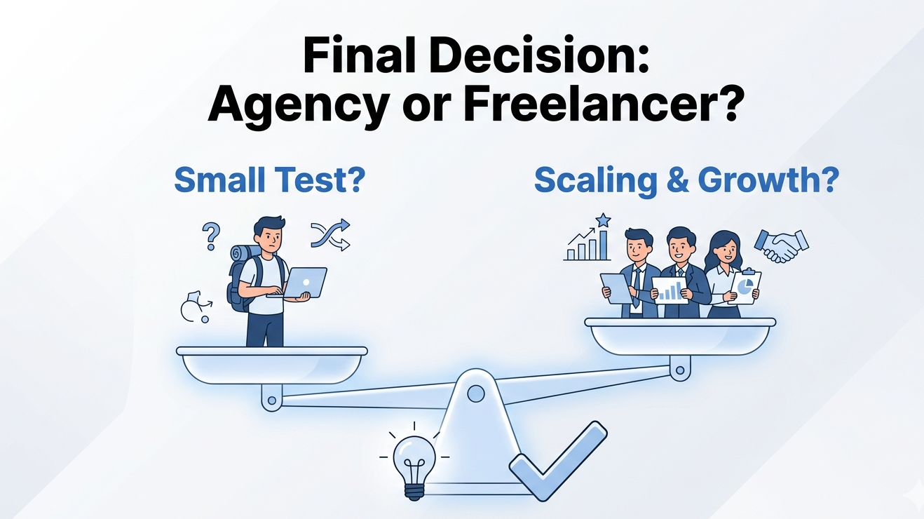 Choosing between a telegram agency vs freelancer for small tests or high-growth scaling on a balanced scale.