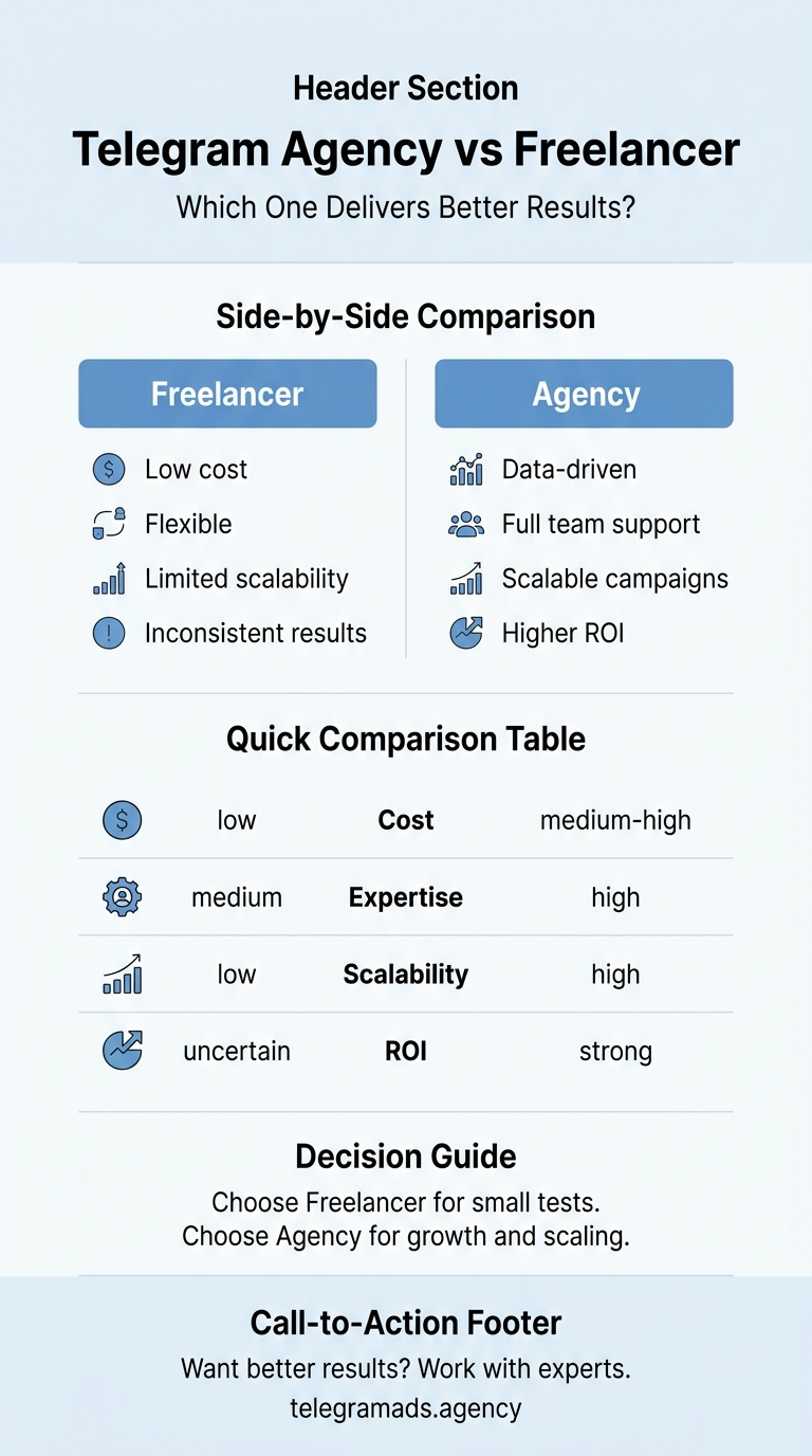 Telegram agency vs freelancer comparison chart showing costs, scalability, and ROI results for ad campaigns.