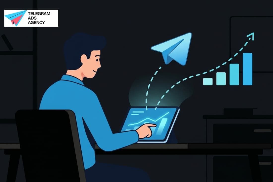 Marketer using a tablet with growth chart showing understanding telegram ad campaigns performance tr