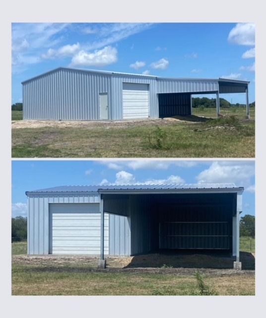 Two views of a light gray metal workshop building with a white garage door and an attached open-sided carport area.