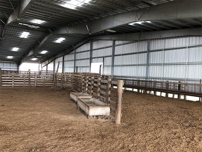 Interior of a large, empty metal farm shed featuring wooden fencing and concrete troughs on a dirt floor.