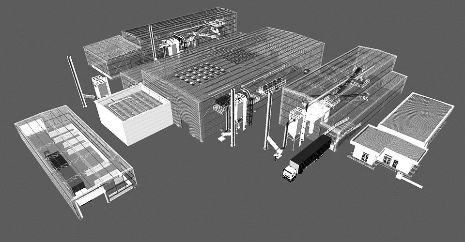 Um modelo 3D de um edifício com muitas peças