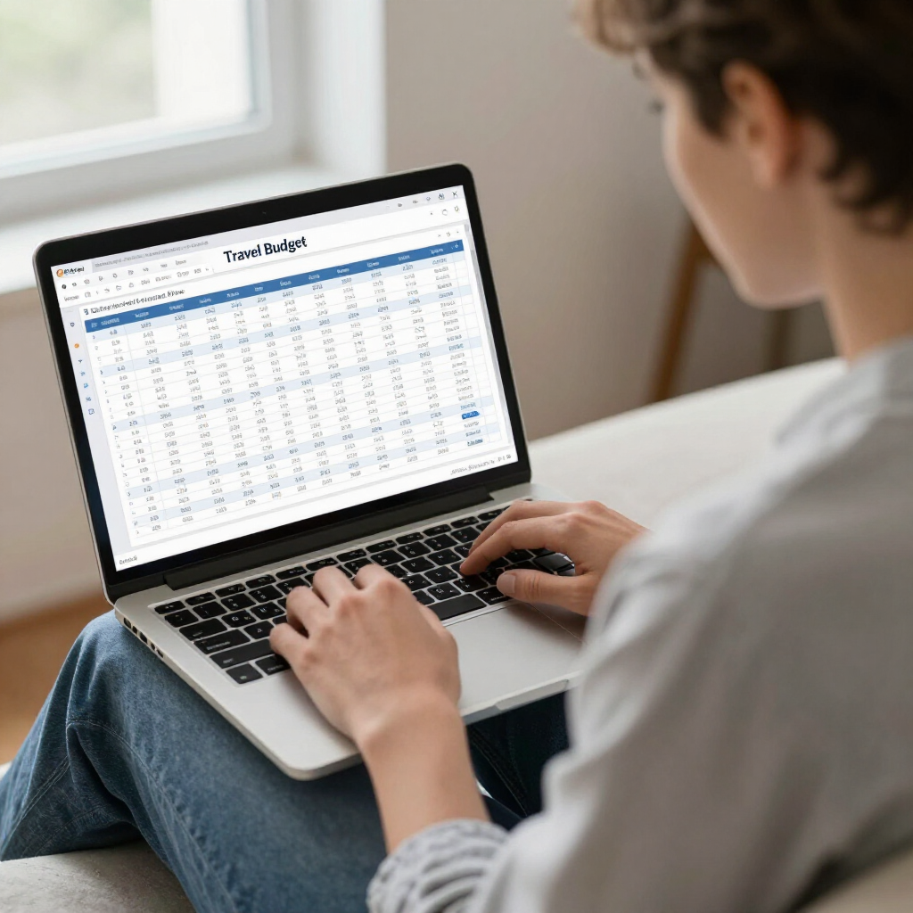 Person working on laptop, viewing a budget spreadsheet.