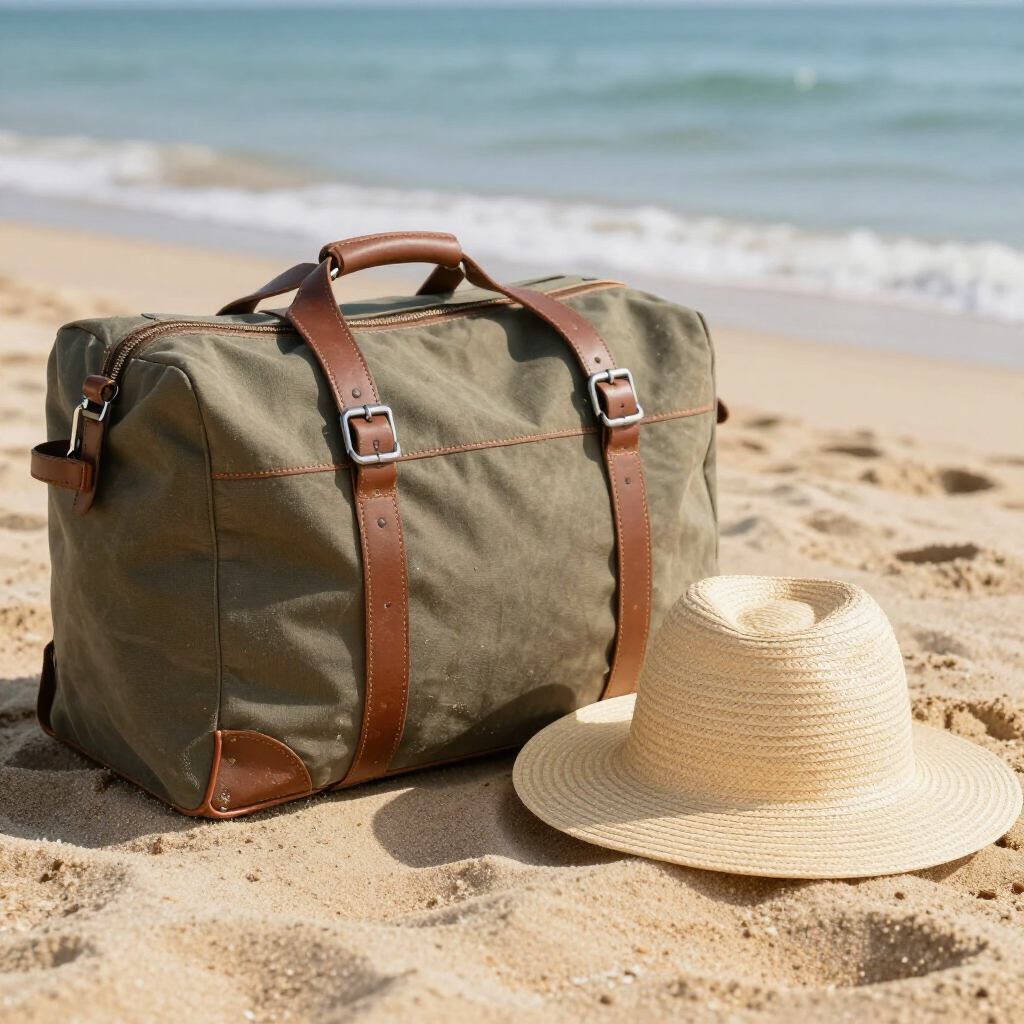 Green canvas duffel bag with brown leather straps and a straw hat on a sandy beach.