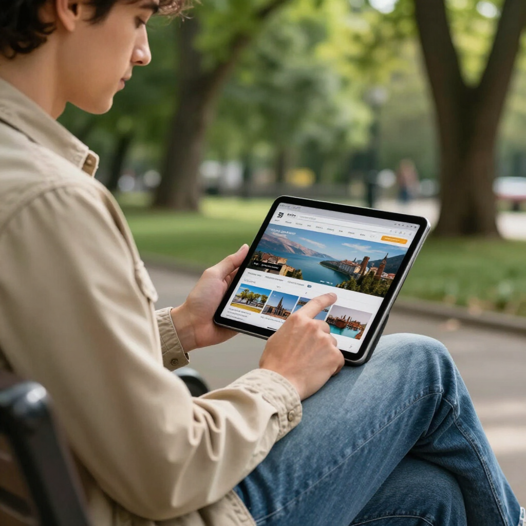 Person on park bench using a tablet, looking at travel website.