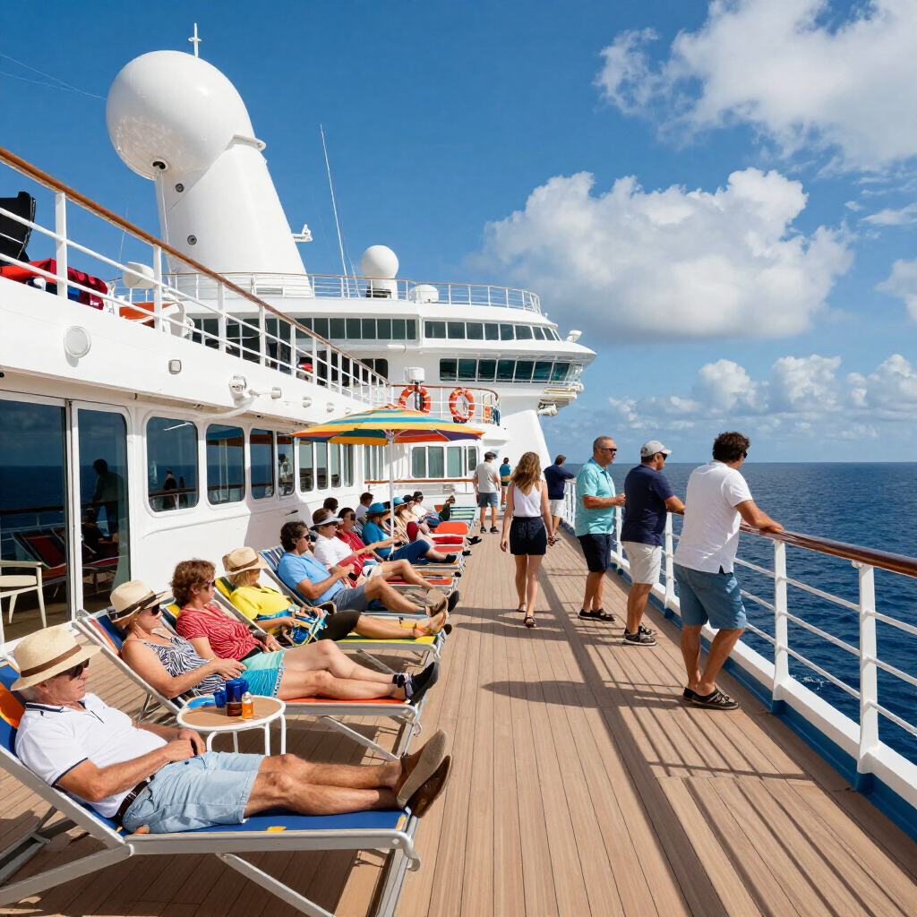 People sunbathe and walk on the deck of a cruise ship on a sunny day. Blue water, sky, and white ship.