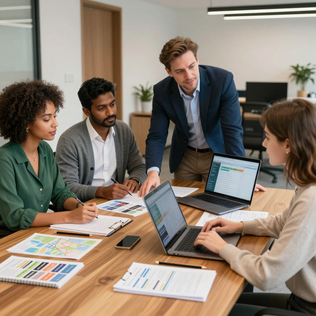 Four people around a table with laptops and papers, one person points at a screen.