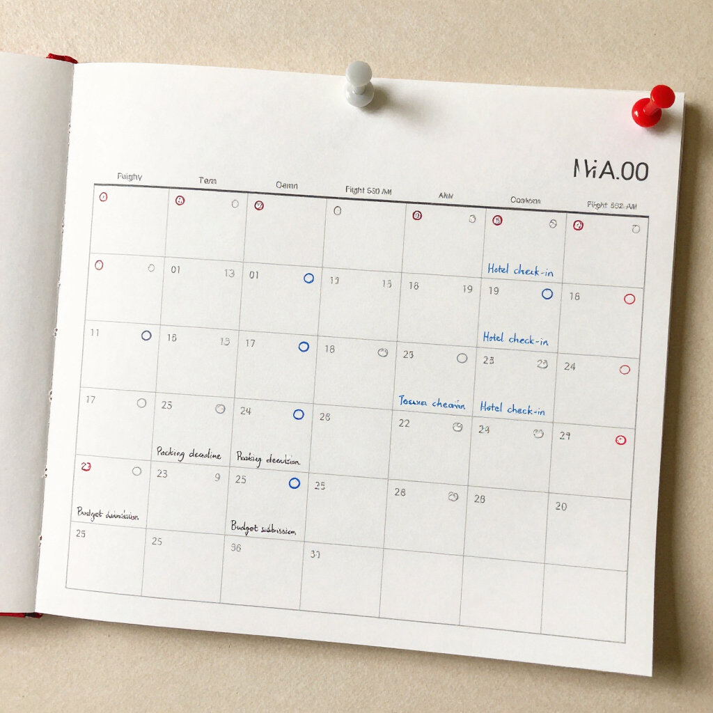 Calendar page pinned to a wall. Handwritten notes and color-coded circles mark appointments.