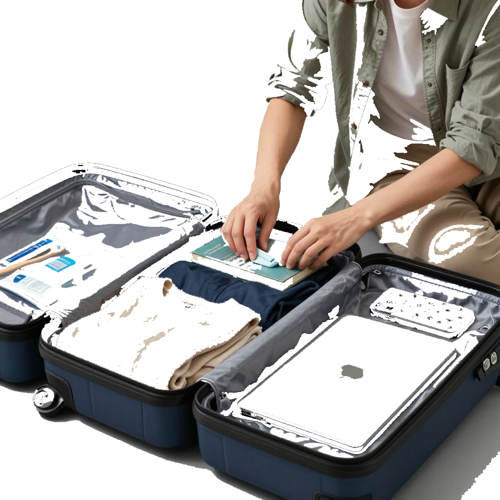 Person packing a blue suitcase with clothes, laptop, and toiletries.