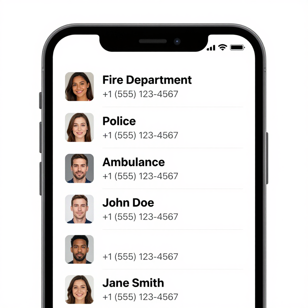 Phone screen showing emergency contact list: fire, police, ambulance, and two other contacts.