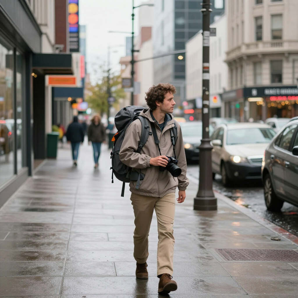 Man with backpack and camera walks down a city sidewalk on a rainy day.