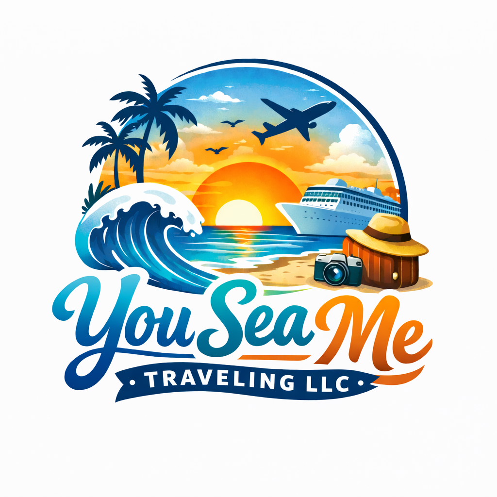 Logo with palm trees, wave, sunset, airplane, cruise ship, camera, hat, and text "You Sea Me Traveling LLC".