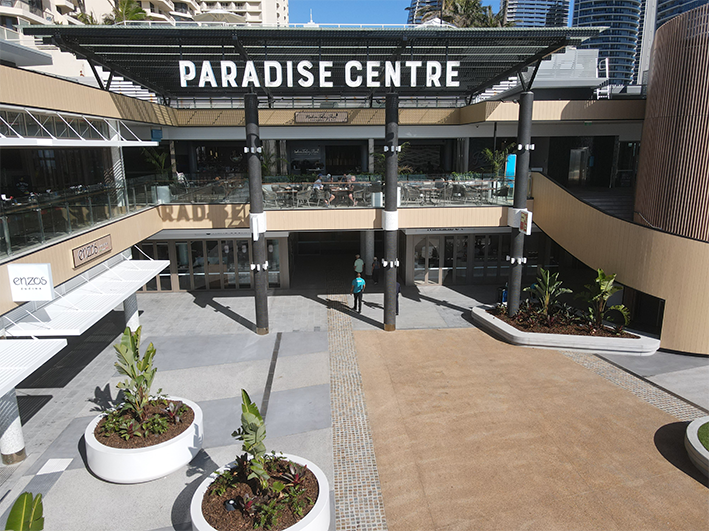 paradise centre entrance with landscape design by byrns lardner landscape architects. The new paradise centre on the beachfront at Surfers Paradise, Gold Coast