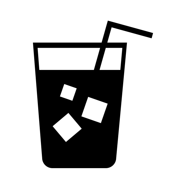 A glass of soda with ice cubes and a straw.