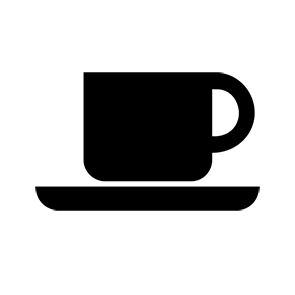 A black and white silhouette of a cup of coffee on a saucer.