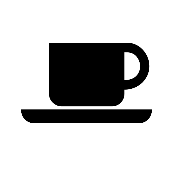 A black and white silhouette of a cup of coffee on a saucer.