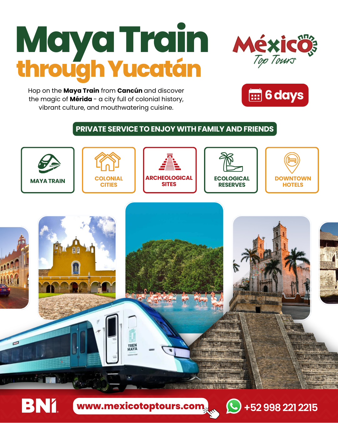 A poster for maya train through yucatan with a train on it.