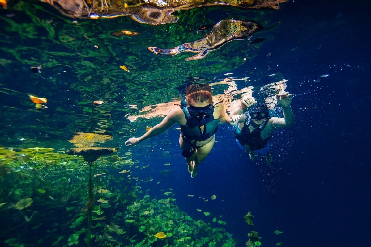 A couple of people are swimming underwater in a body of water.