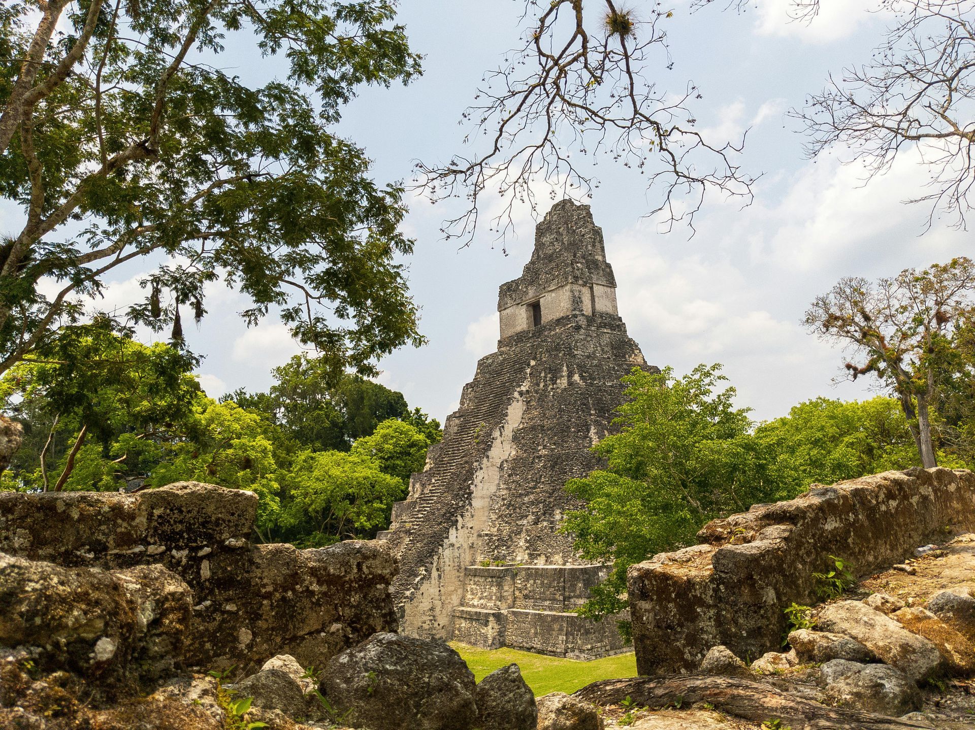 A large stone structure is surrounded by trees and rocks.