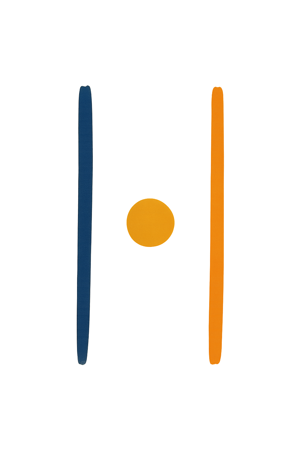 Blue and orange vertical lines flanking a yellow circle on white background.