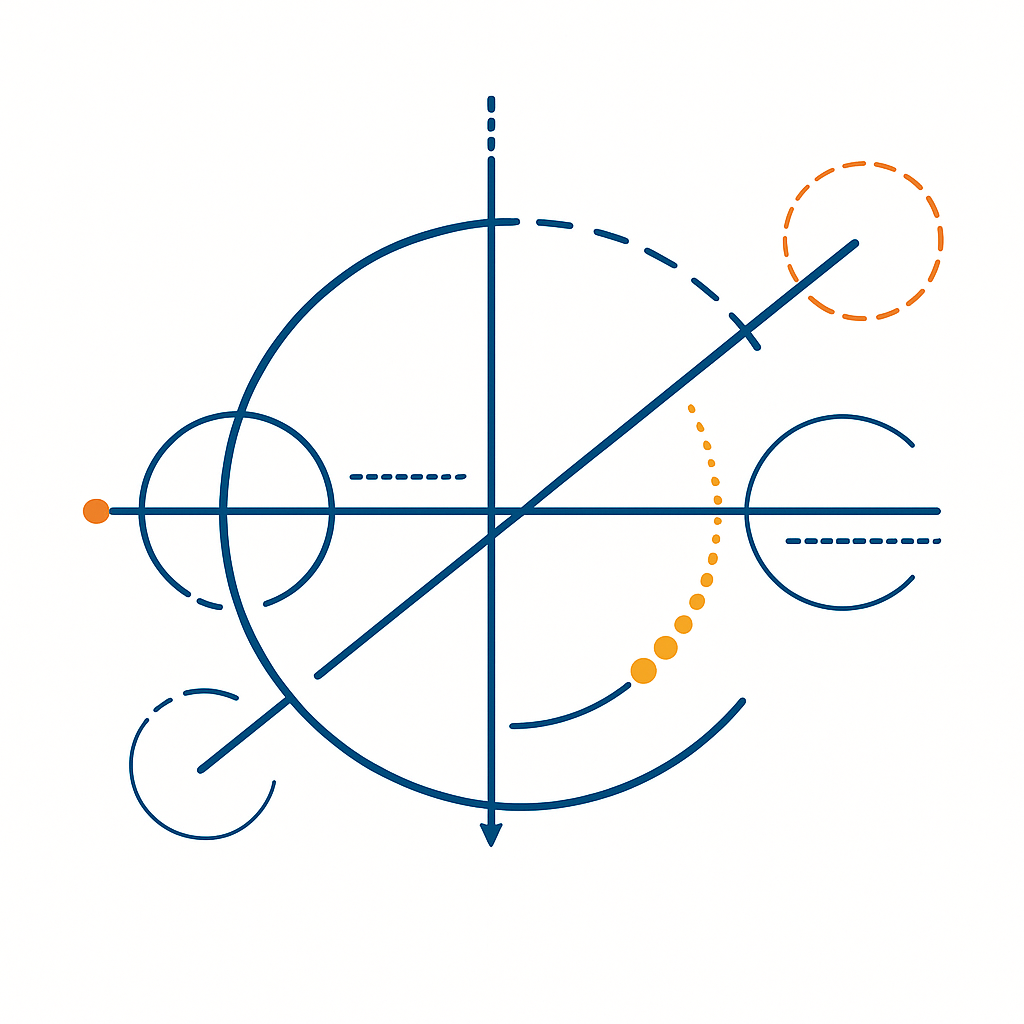 Blue and orange geometric shapes forming an abstract design with lines, circles, and dots.