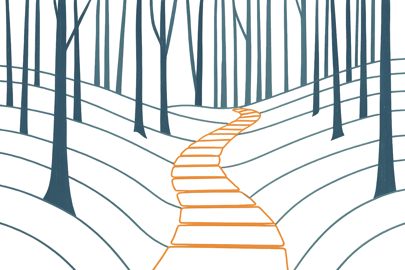 A winding orange path through a snow-covered forest of teal and grey trees.