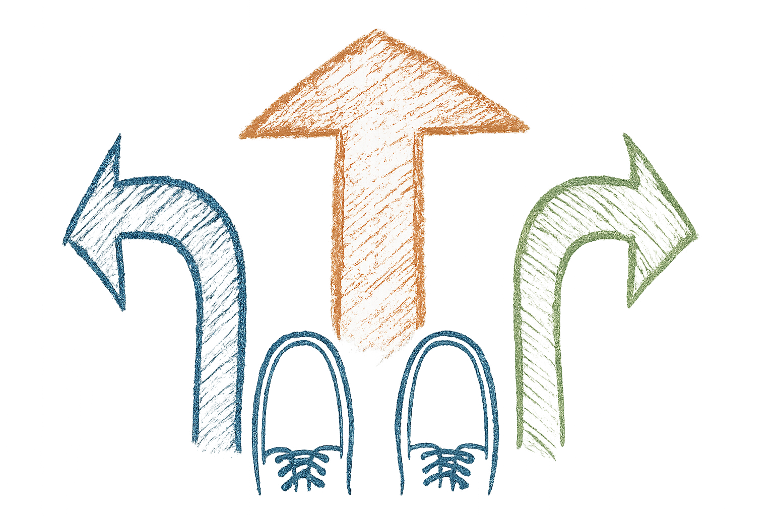 Feet beneath three arrows pointing left, up, and right, representing choices.