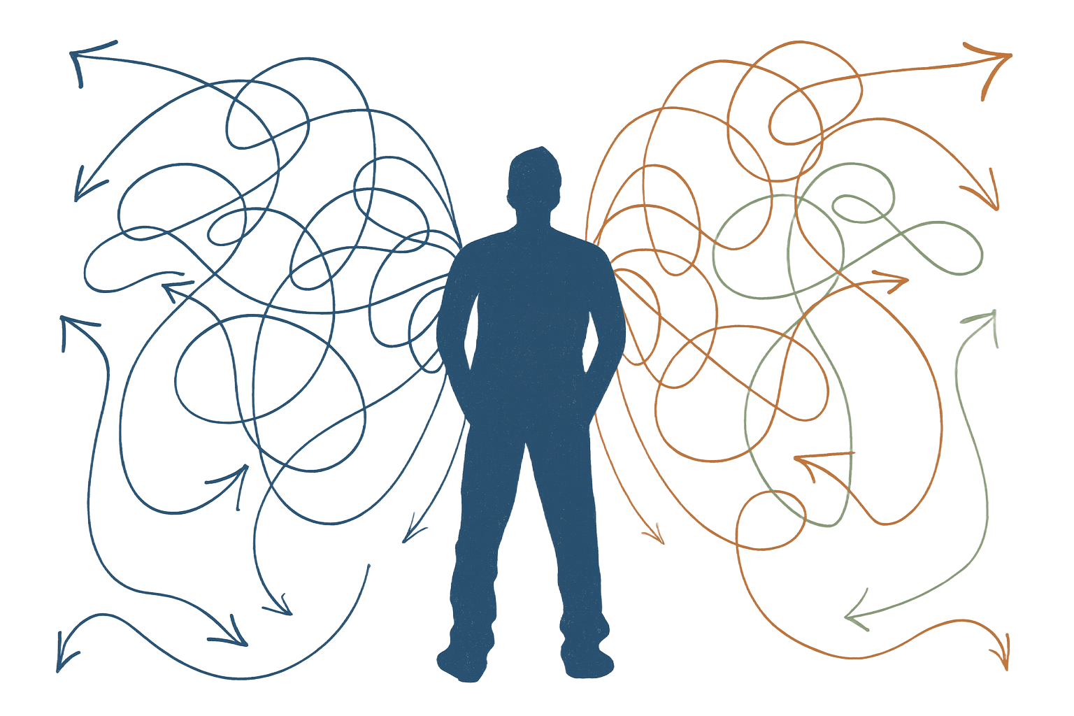 Silhouette of a person standing, facing forward, with tangled arrows on either side, left blue, right brown.