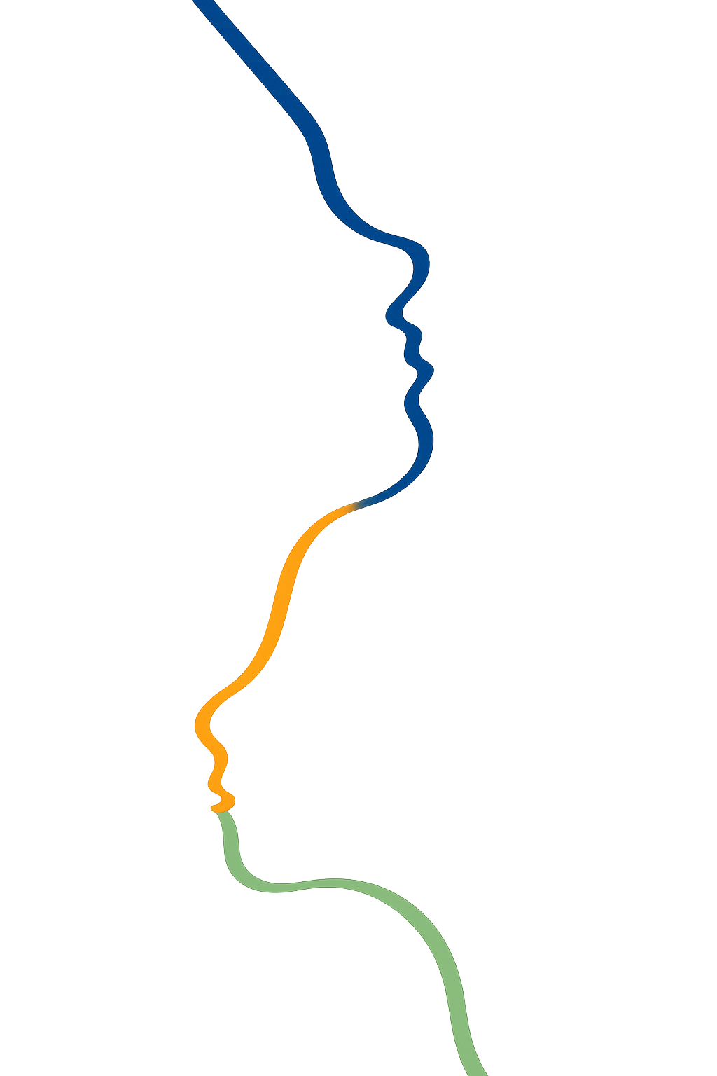 Three stylized profile faces, blue, orange, and green.
