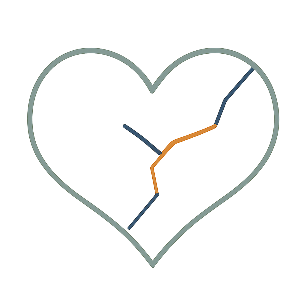 Outline of a heart with cracks and a section of gold.
