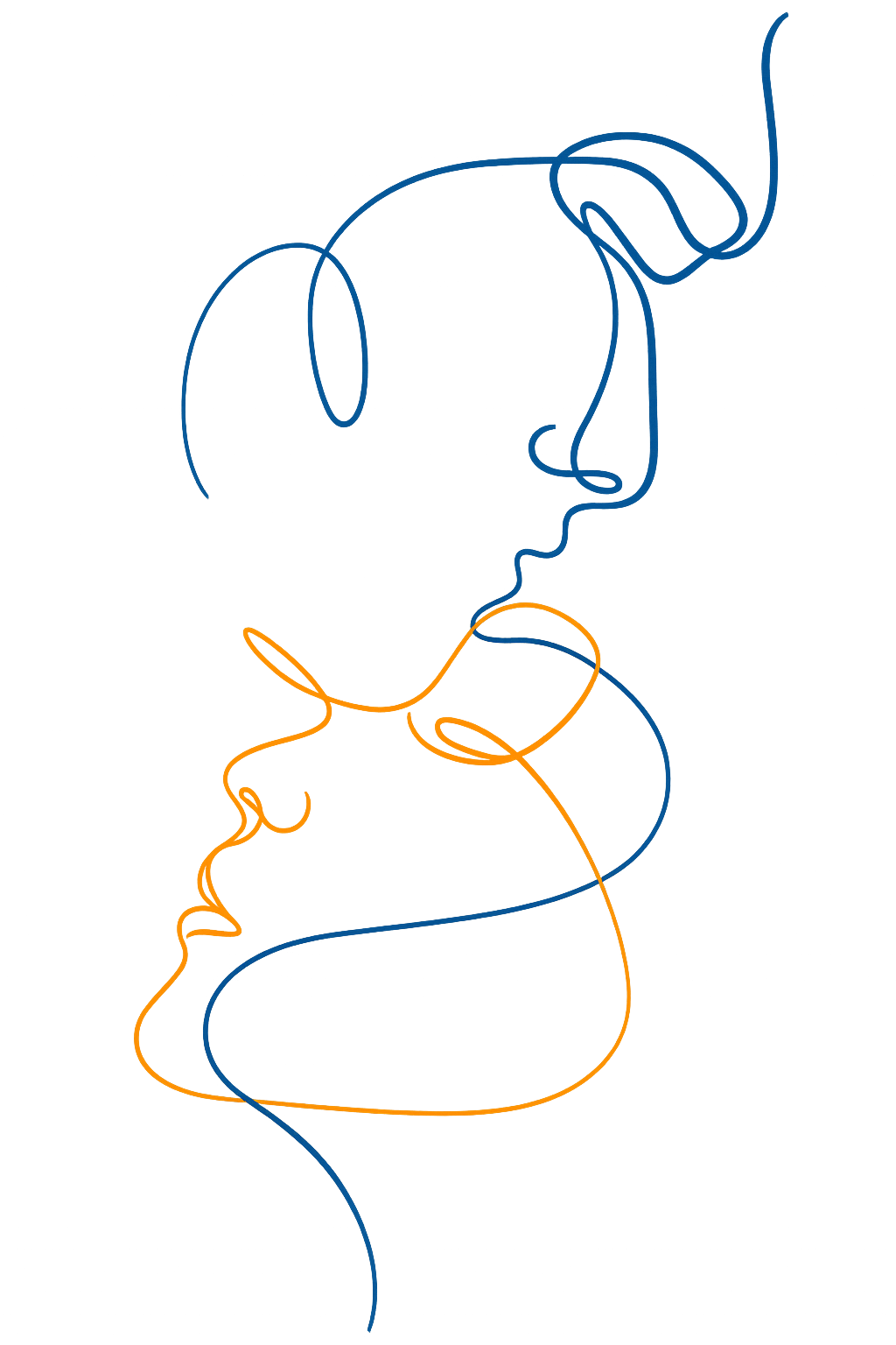Two faces, one blue, one gold, in a continuous line drawing, looking towards each other.