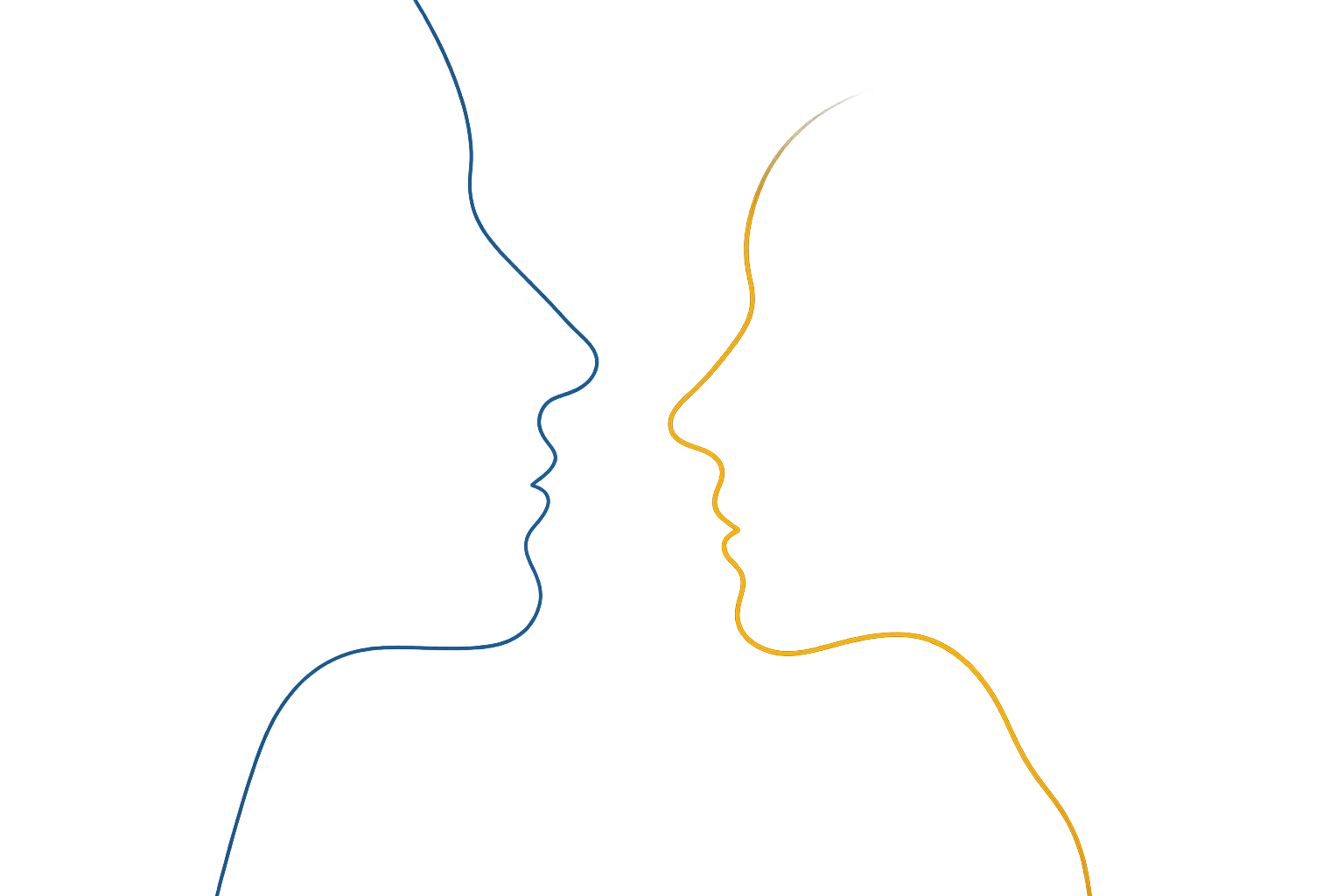 Two profile outlines facing each other; blue and gold, suggestive of faces.