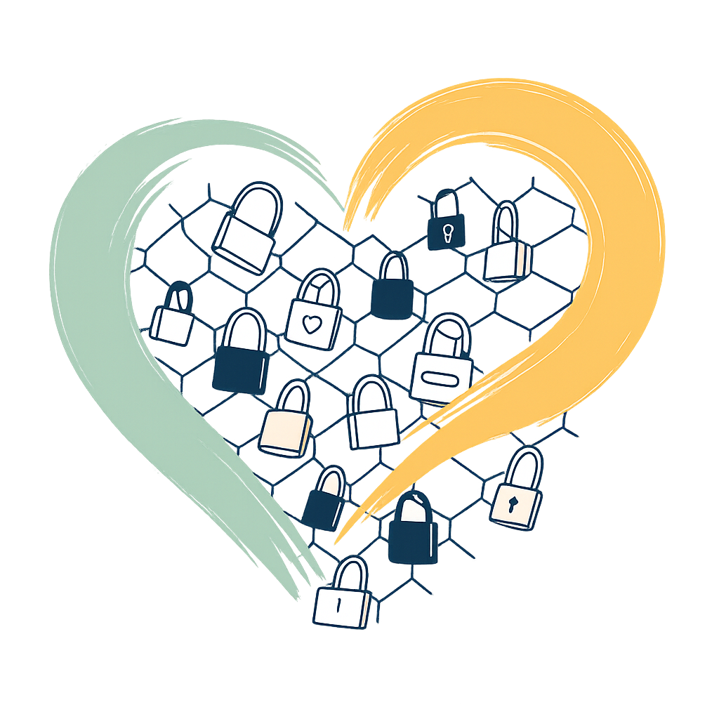 Heart-shaped illustration with locks on wire mesh, outlined in green and yellow.