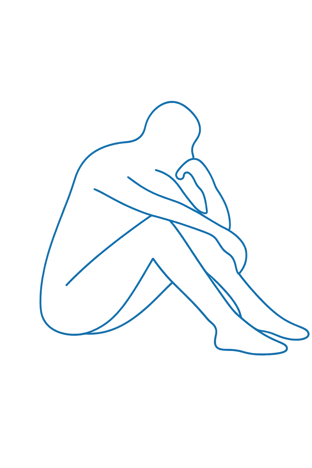 Outline of a person sitting, knees drawn up, head resting on hand; blue on white.