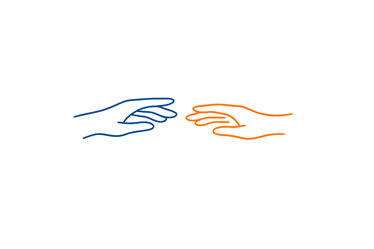 Two hands reaching toward each other, one blue, one green, with orange curved lines between.