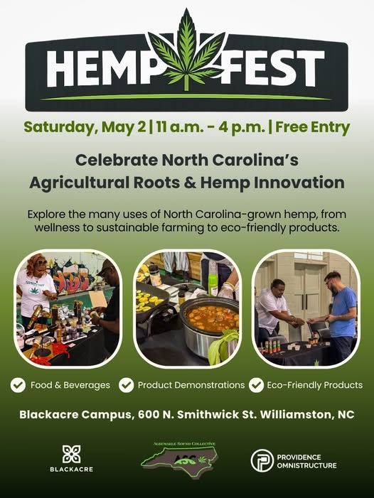 Flyer for Hemp Fest in Williamston, NC, on May 2, featuring information on local hemp products, food, and activities.