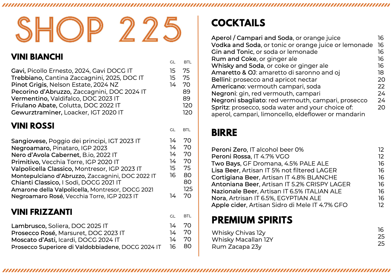 Shop225 Menu