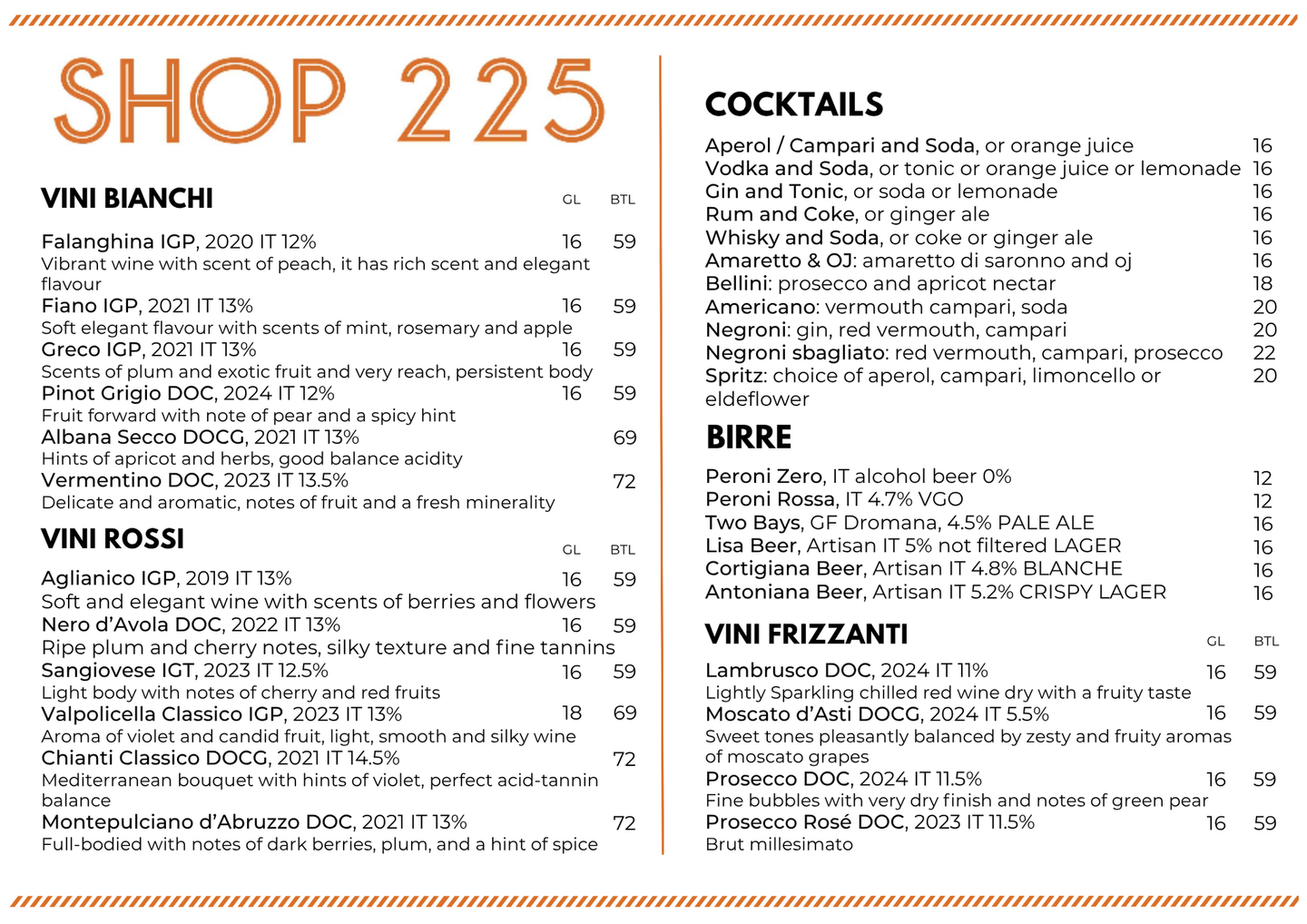 Shop225 Menu
