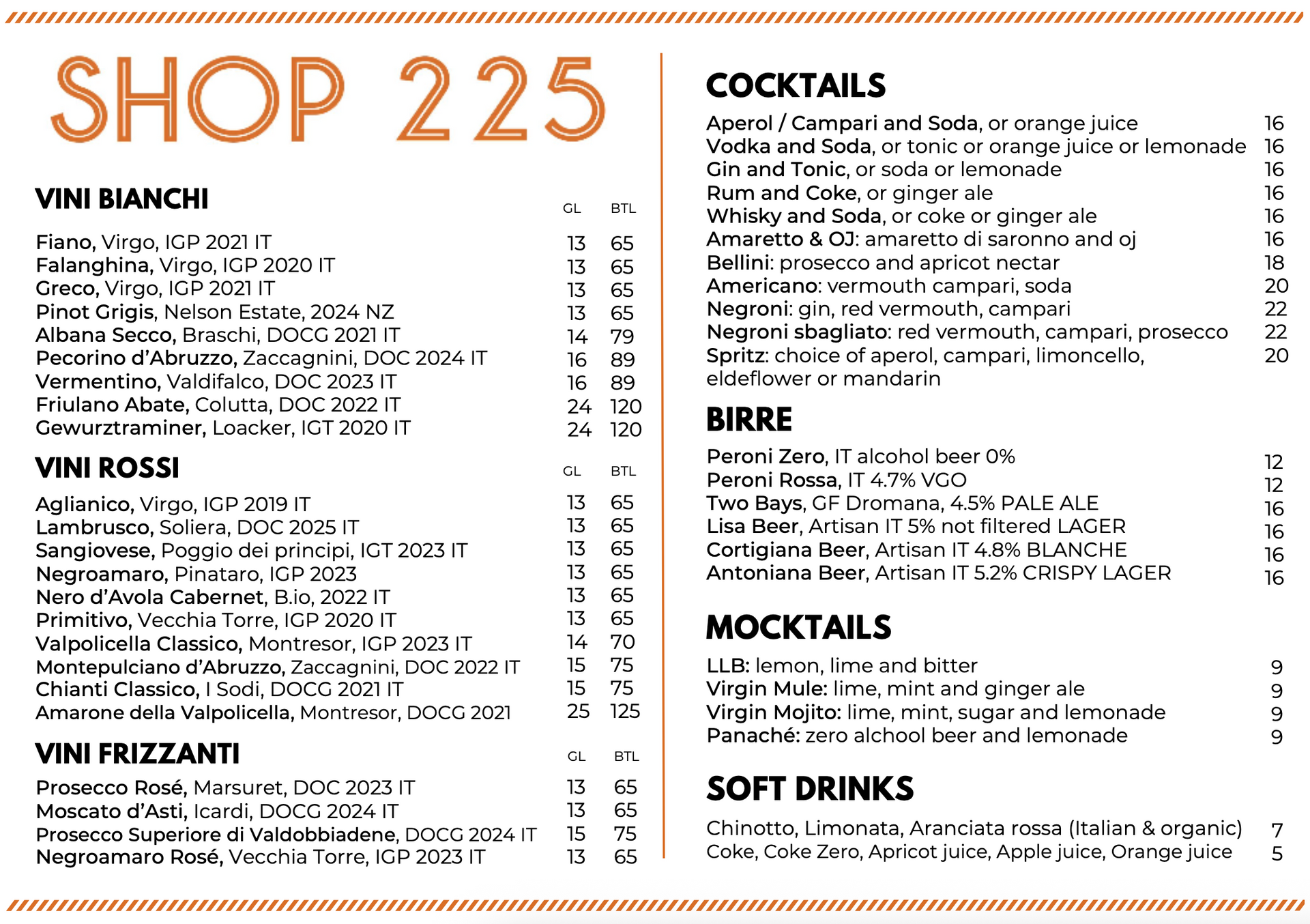 Shop225 Menu
